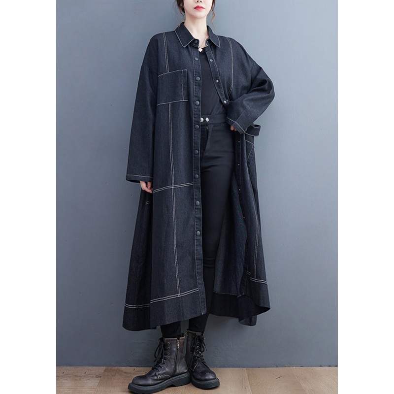 French Black Button Pockets Denim Long Trench Coat Fall
