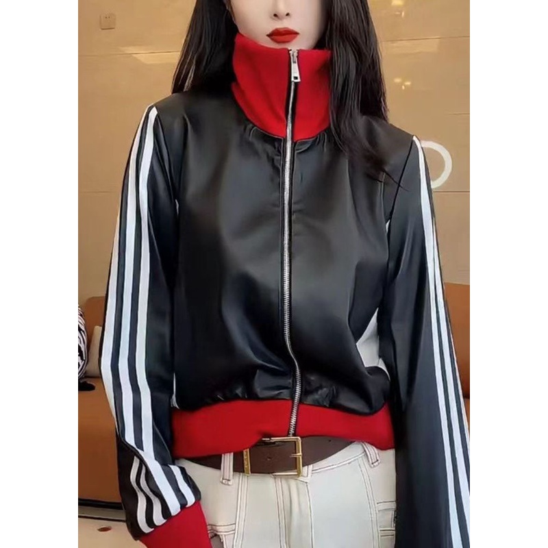 French Black Turtleneck Zippered Patchwork Leather Jacket Fall