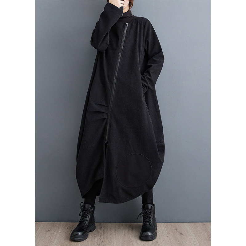 French Black Zip Up Pockets Patchwork Cotton Long Coats Fall