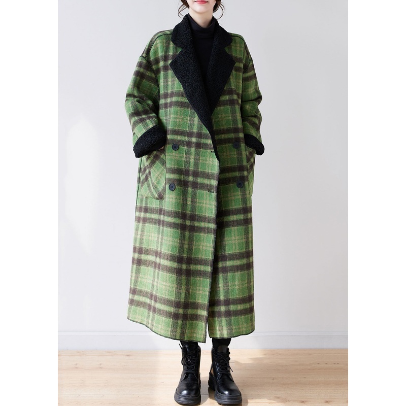 French Green Plaid Notched Wear On Both Sides Warm Fleece Faux Fur Trench Coats Long Sleeve