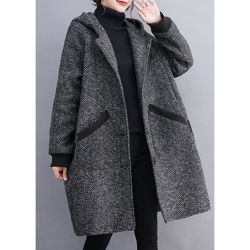 French Grey Hooded Button Pockets Thick Woolen Coats Winter