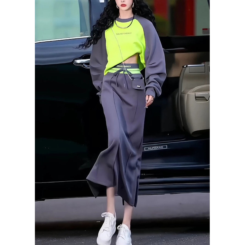French Grey O Neck Patchwork Tops And Skirts Cotton Two-Piece Set Long Sleeve