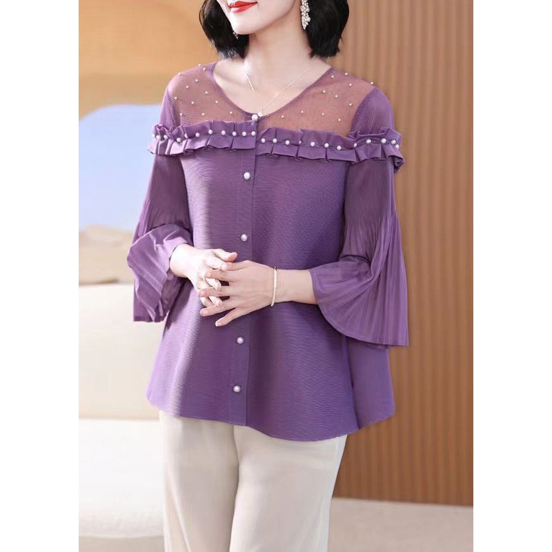 French Purple O Neck Nail Bead Patchwork Cotton Shirts Flare Sleeve