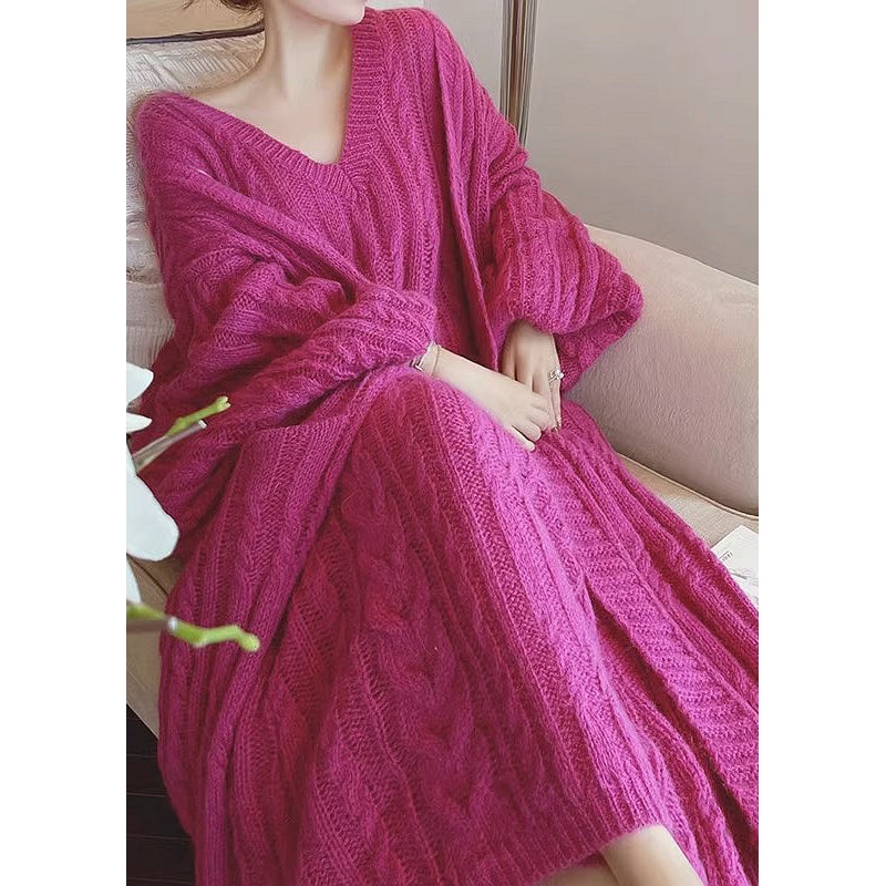 French Rose V Neck Pockets Patchwork Cotton Knit Sets 2 Pieces Fall