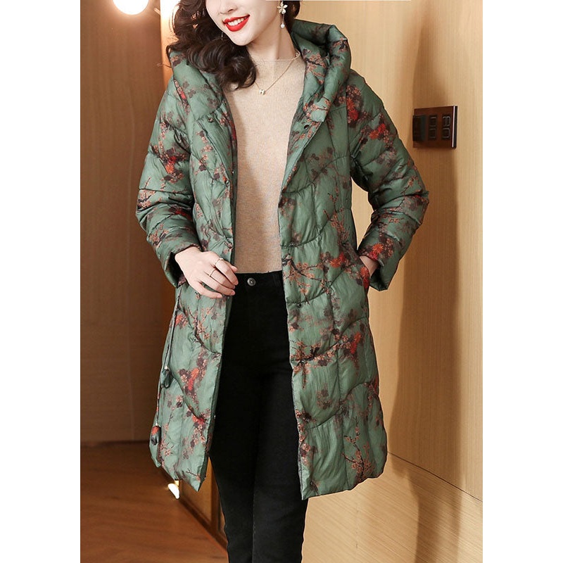 Green Zippered Button Fine Cotton Filled Hooded Down Coats Long Sleeve