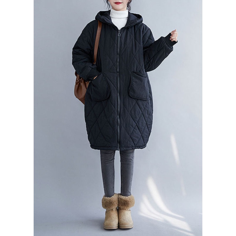 Handmade Black Plaid Patchwork Hooded Parka Coats Long Sleeve
