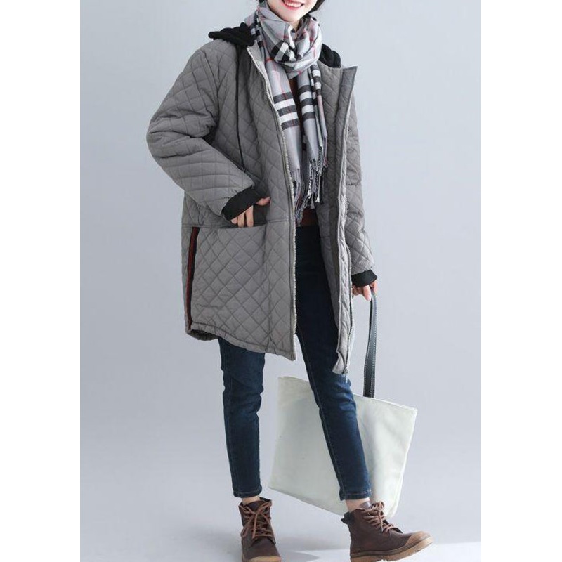 Italian Grey Hooded Pockets Patchwork Fine Cotton Filled Coat Winter