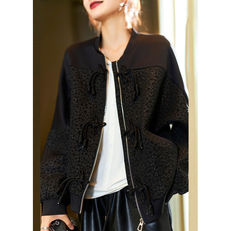 Jacquard Black O-Neck Zippered Pockets Coats Fall