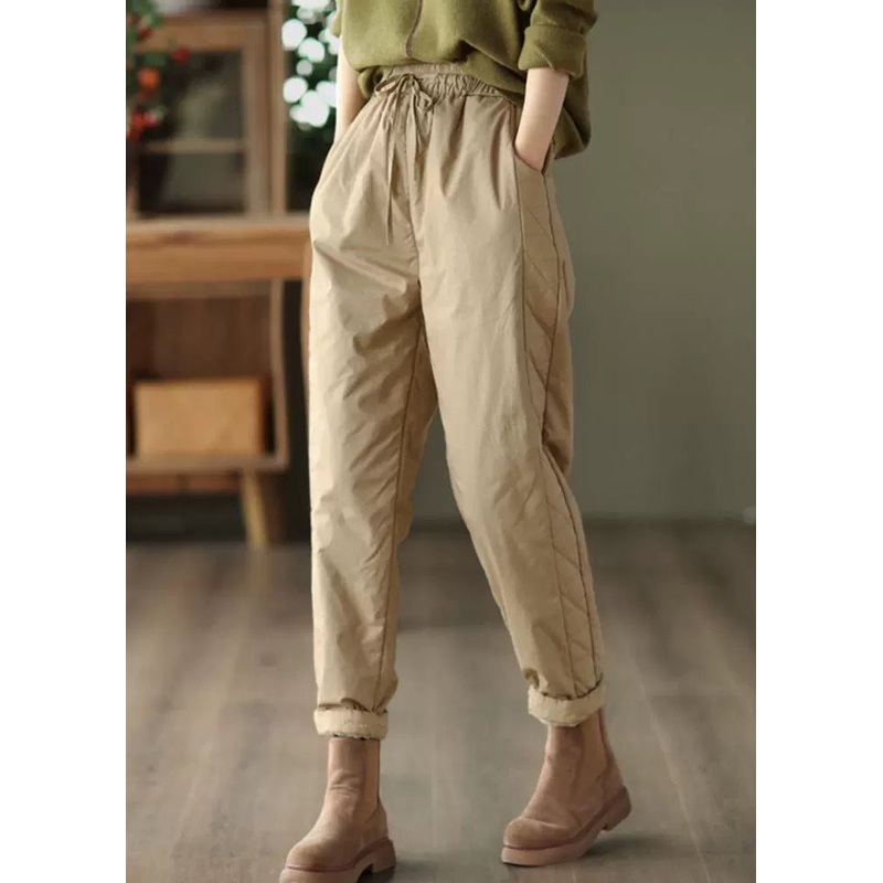 Khaki Pockets Patchwork Fine Cotton Filled Pants Elastic Waist Winter