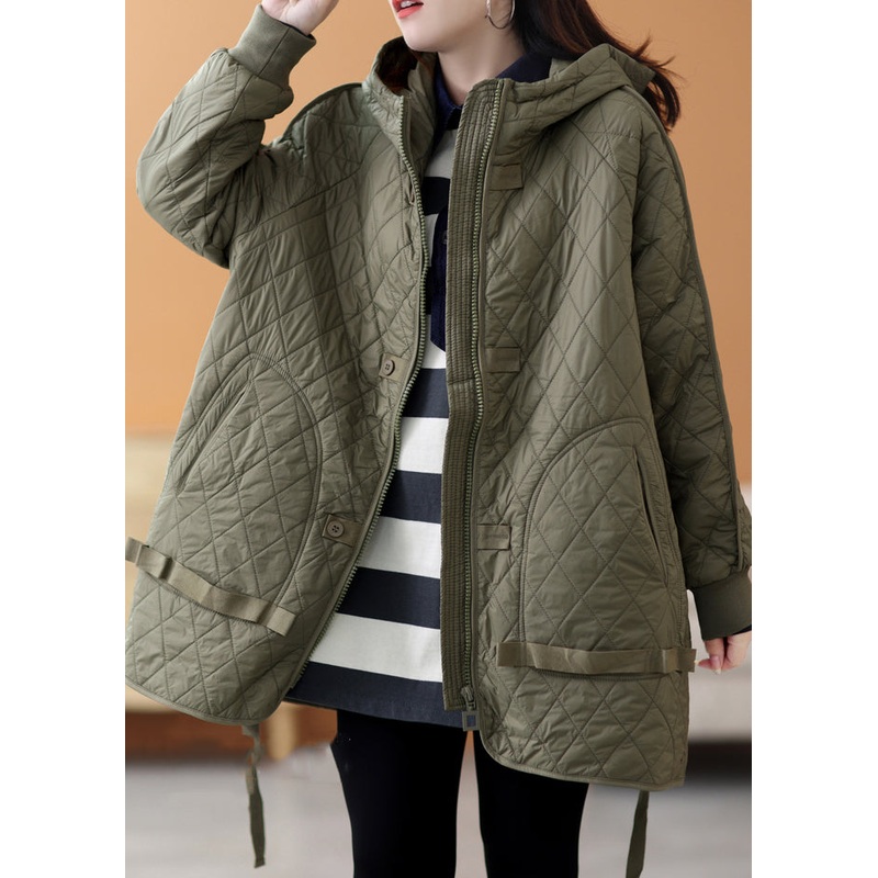 Loose Army Green Hooded Pockets Cotton Filled Parka Winter