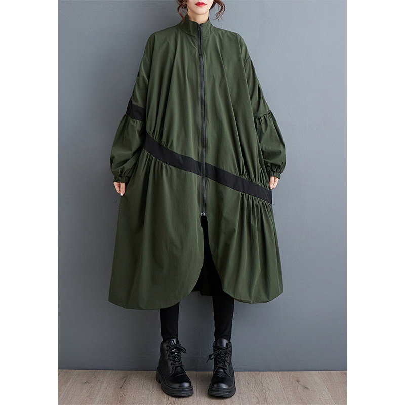 Loose Army Green Zip Up Wrinkled Pockets Patchwork Trench Fall