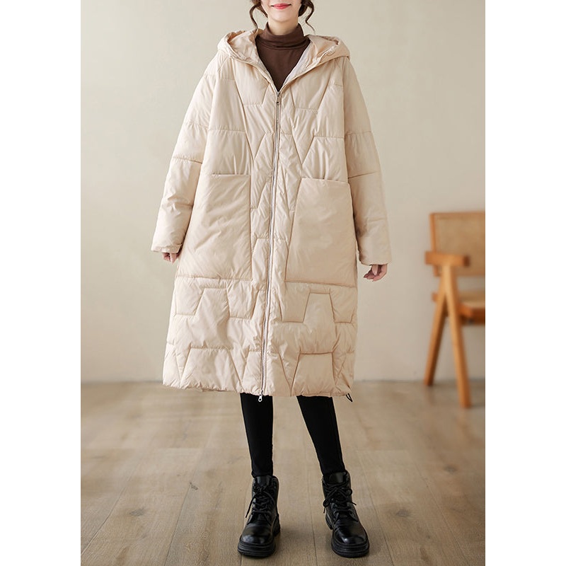 Loose Beige Zippered Hooded Fine Cotton Filled Coats Winter