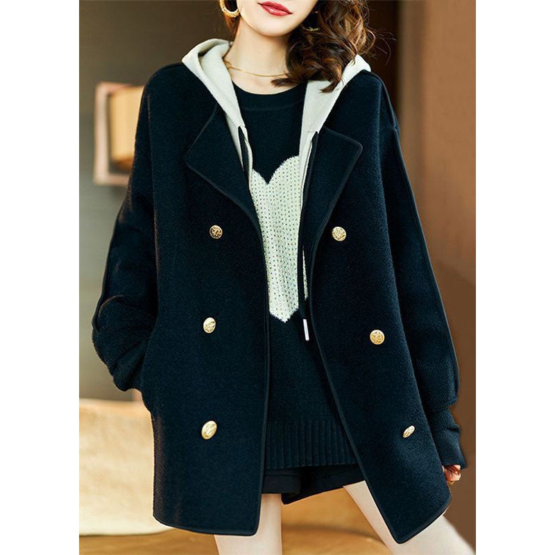 Loose Black Drawstring Patchwork Pockets Woolen Hooded Coats Long Sleeve
