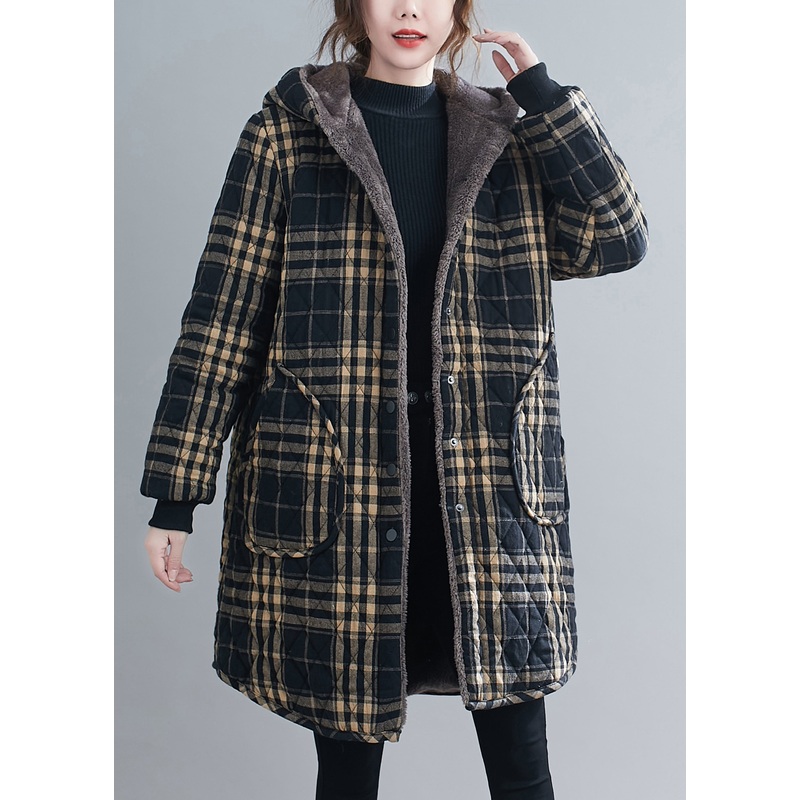 Loose Black Plaid Hooded Pockets Warm Fleece Parka Winter