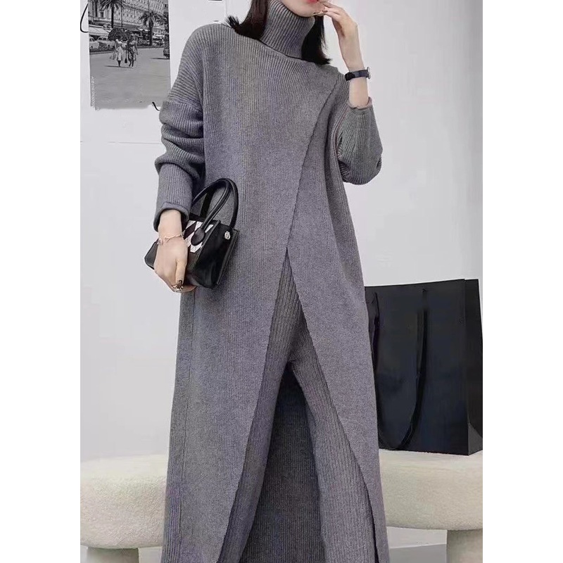 Loose Grey Turtleneck Side Open Patchwork Cotton Knit Two Pieces Set Fall