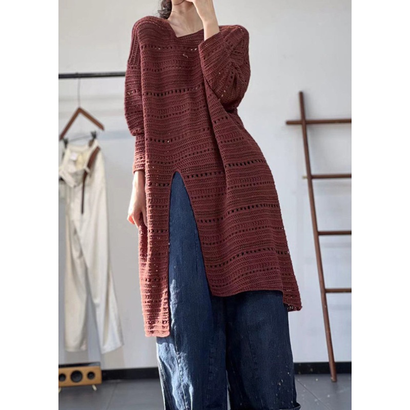 Loose Red Hollow Out Side Open Knit Long Top Fall