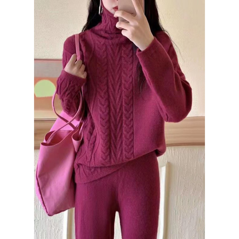 Loose Rose Turtleneck Patchwork Cozy Cotton Knit Two Pieces Set Fall