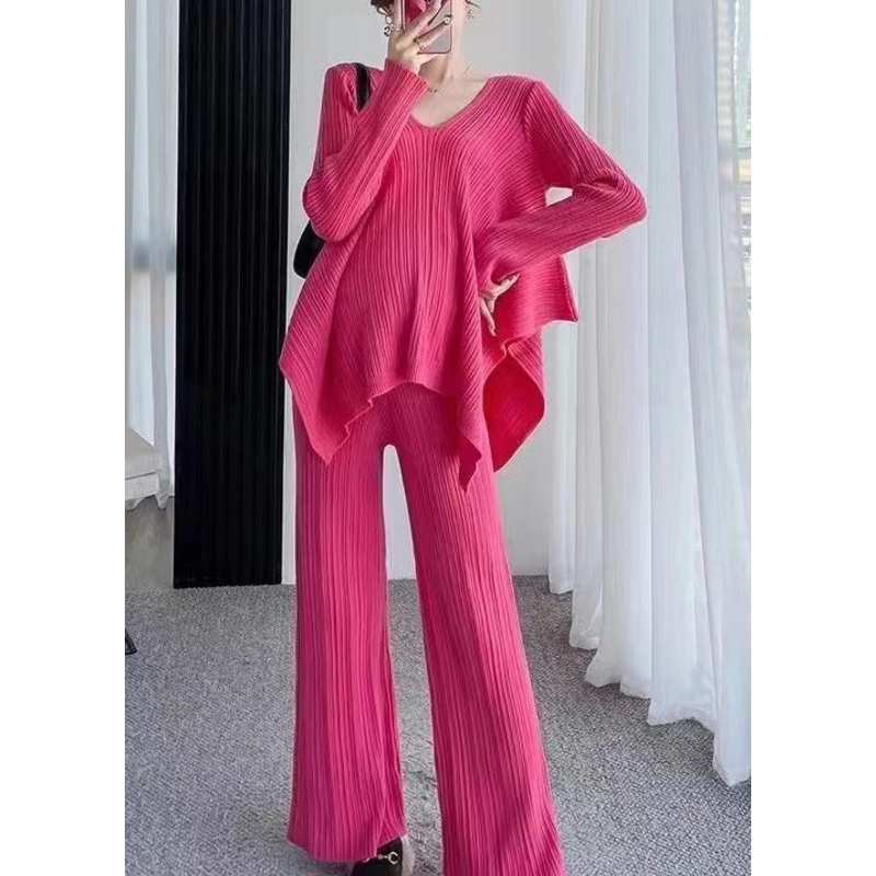 Loose Rose V Neck Asymmetrical Patchwork Cotton Knit Two Pieces Set Fall