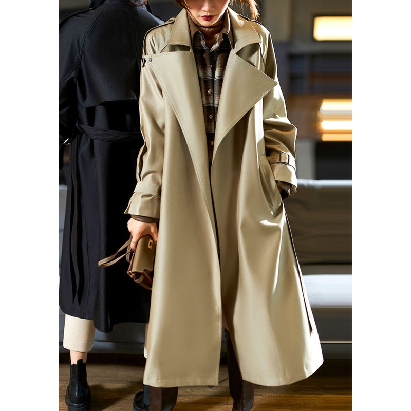 Modern Khaki Notched Pockets Sashes Trench Coat Fall
