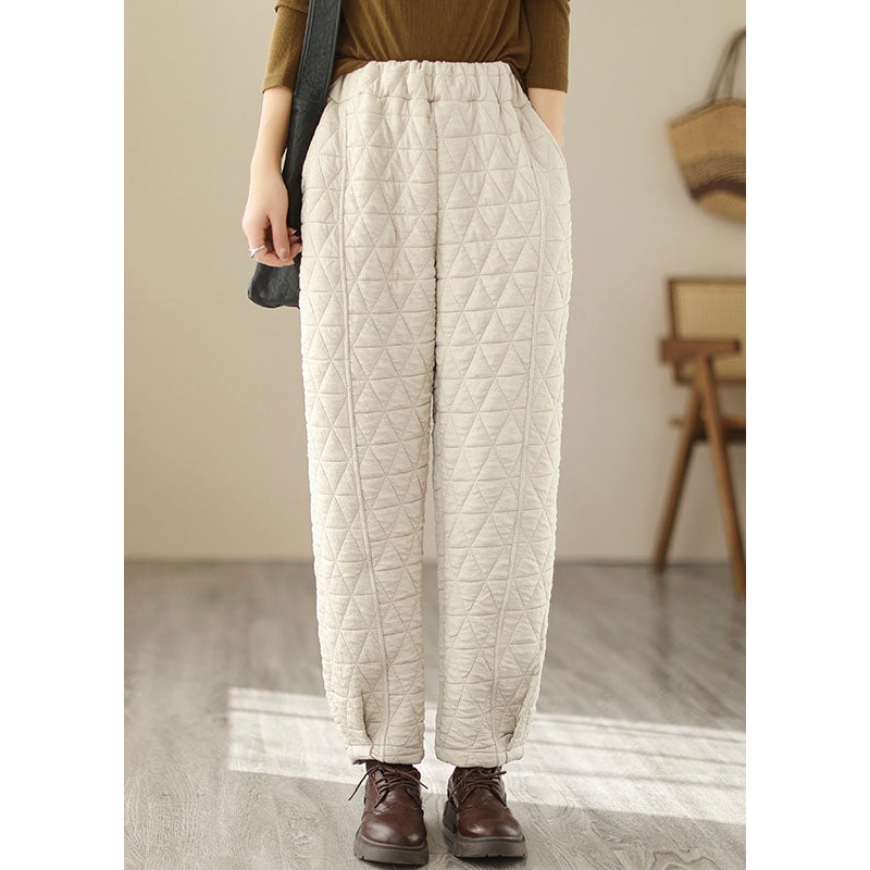 Natural Beige Elastic Waist Fleece Pants Winter