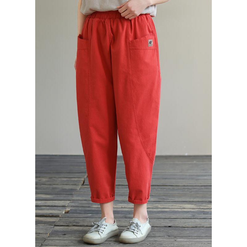 Natural Red Pockets Elastic Waist Cotton Crop Pants Fall