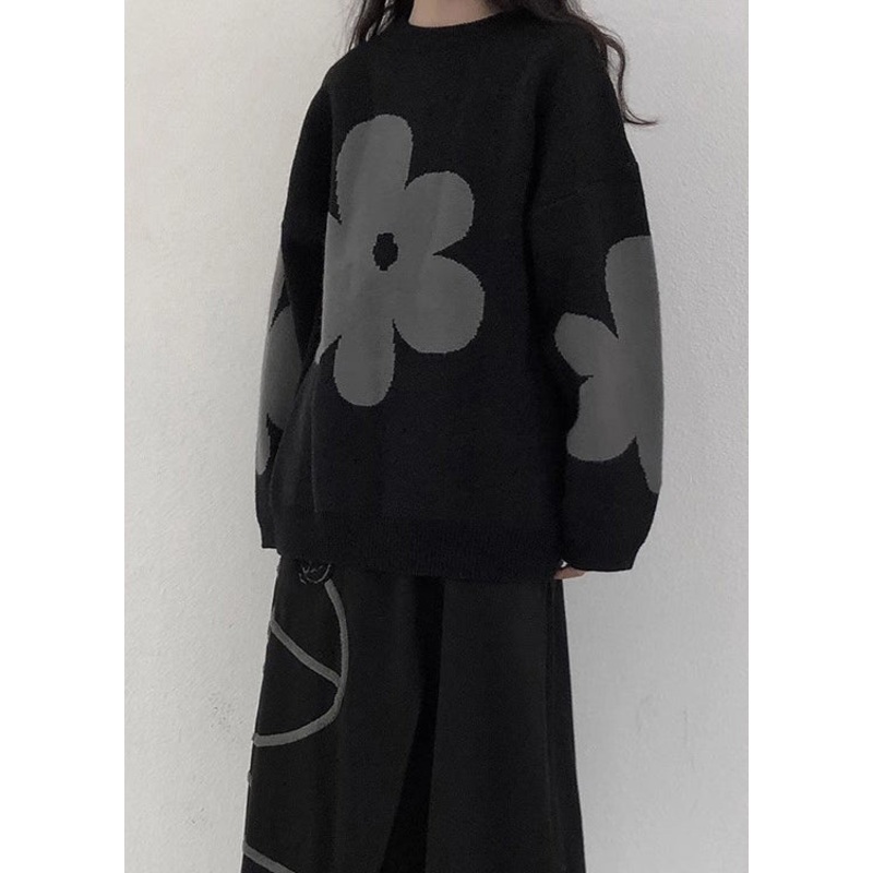 New Black O Neck Patchwork Cozy Cotton Knit Sweaters Long Sleeve