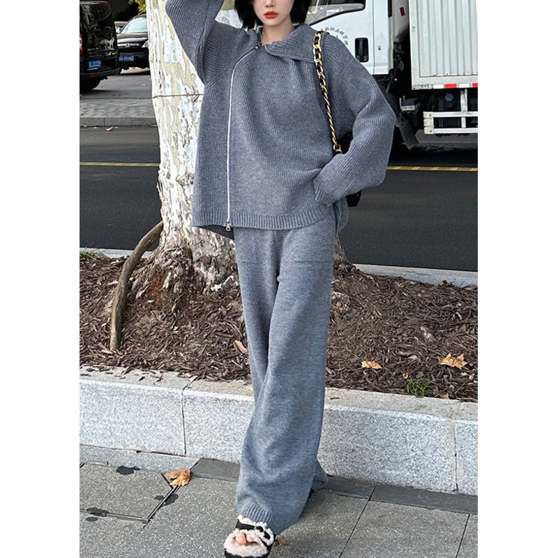 New Dark Gray Asymmetrical Zip Up Cotton Knit Two Piece Set Long Sleeve