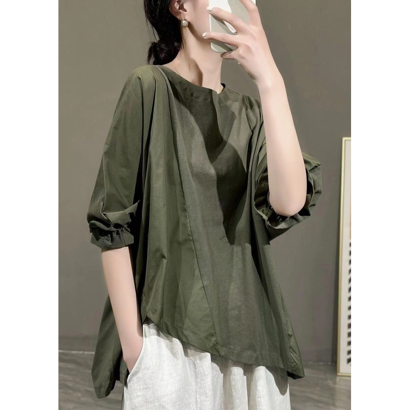 Plus Size Army Green Asymmetrical Ruffled Cotton T Shirt Half Sleeve