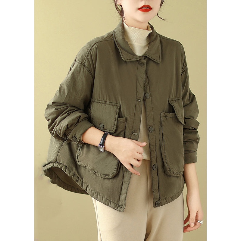 Plus Size Army Green Peter Pan Collar Pockets Fine Cotton Filled Jacket Winter