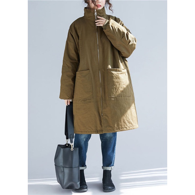 Plus Size Army Green Stand Collar Pockets Parka Coats Long Sleeve