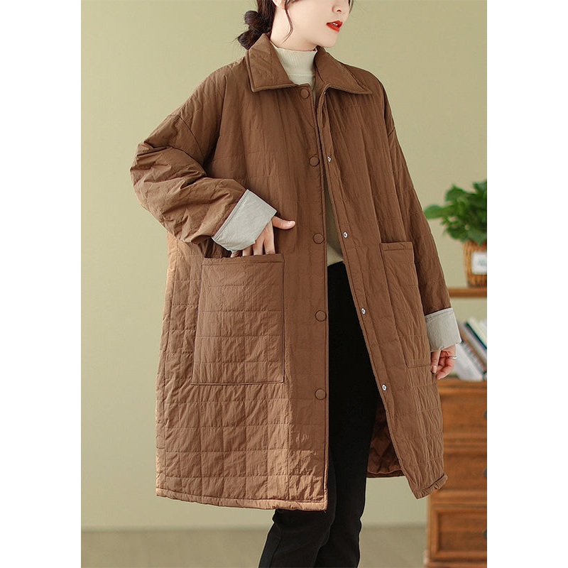 Plus Size Coffee Peter Pan Collar Pockets Fine Cotton Filled Coat Winter