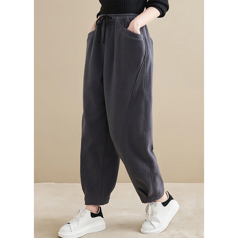 Plus Size Dark Gray Pockets Elastic Waist Warm Fleece Crop Pants