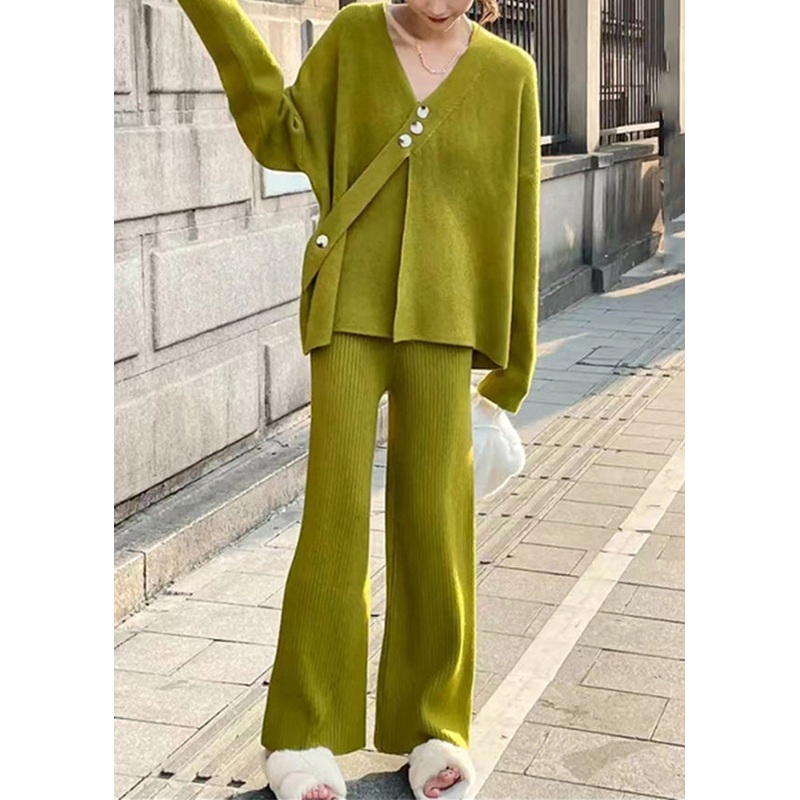 Plus Size Green V Neck Tops And Crop Pants Cotton Knit Two Piece Set Fall