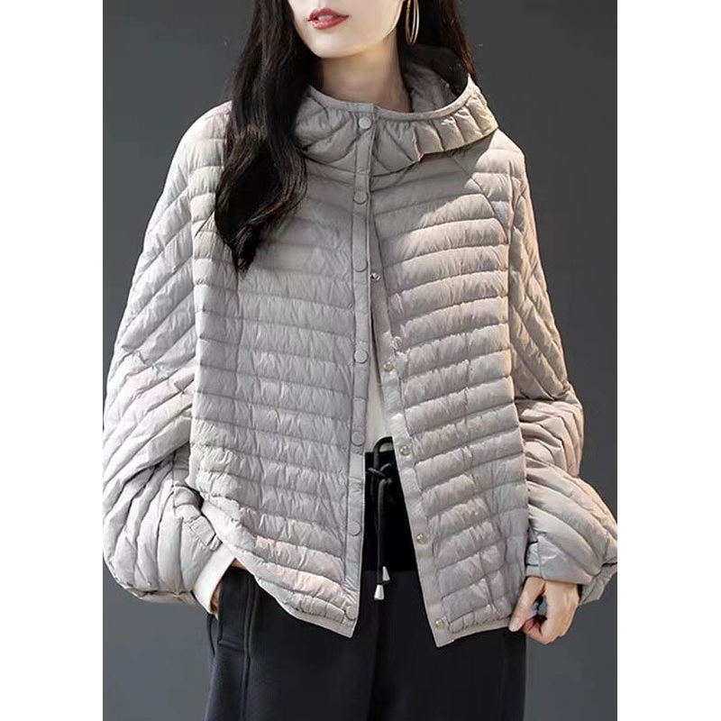 Plus Size Grey Striped Button Fine Cotton Filled Parka Winter