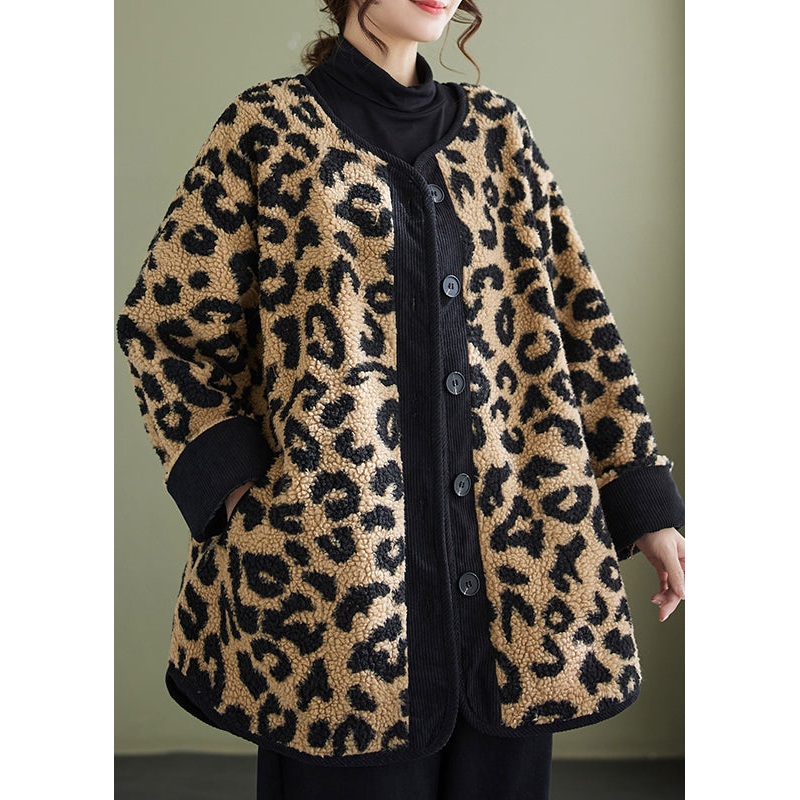 Plus Size Leopard Pockets Fine Cotton Filled Faux Fur Coats Winter