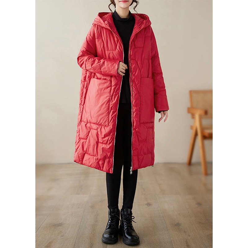 Plus Size Red Hooded Pockets Fine Cotton Filled Coat Winter