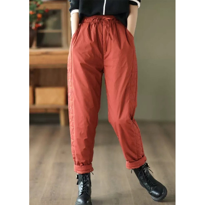 Plus Size Red Pockets Patchwork Fine Cotton Filled Pants Winter