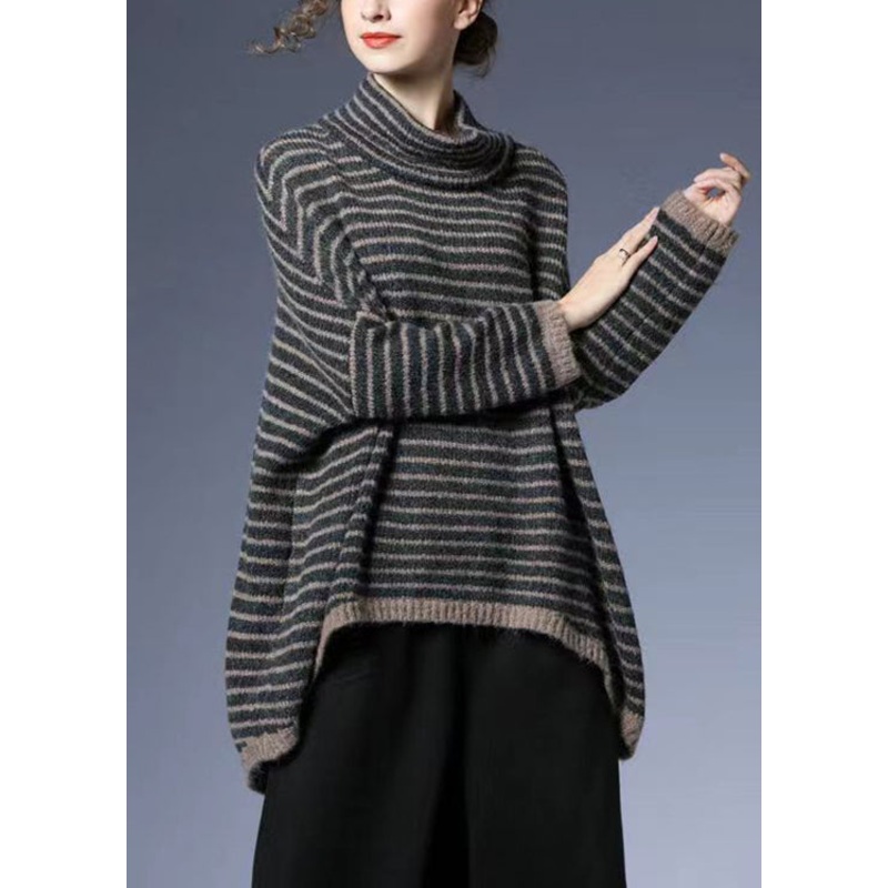 Plus Size Striped Low High Design Cotton Knit Sweaters Batwing Sleeve