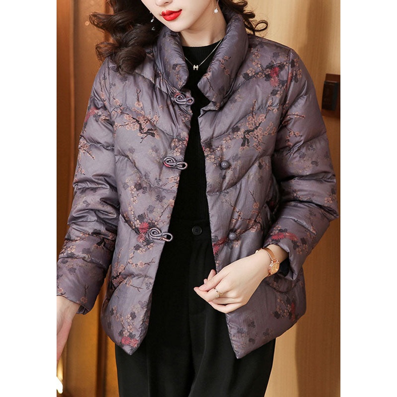 Purple Print Button Thick Parka Long Sleeve