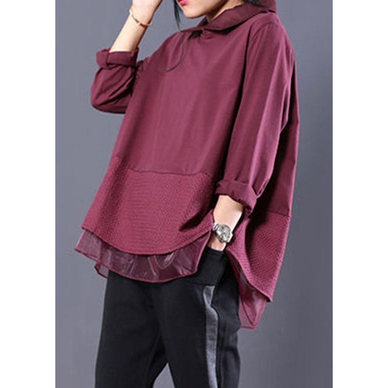 Red Organza Patchwork Sweatshirts Top Fall