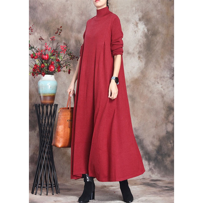 Simple Red Turtleneck Patchwork Knit Cotton Maxi Dress Long Sleeve