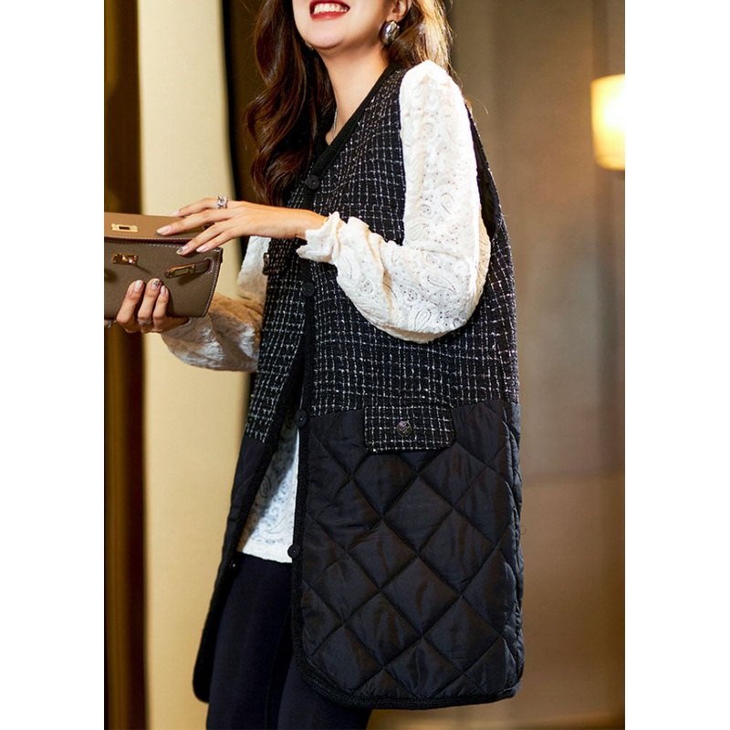 Stylish Black V Neck Patchwork Fleece Waistcoat Sleeveless