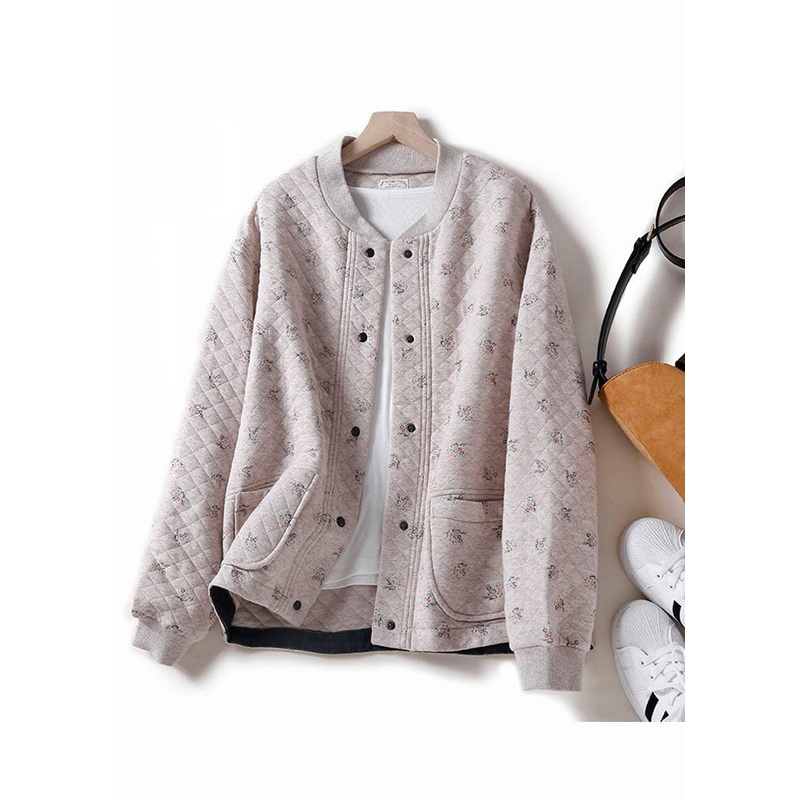Unique Apricot O-Neck Print Button Pockets Thick Cotton Coats Winter