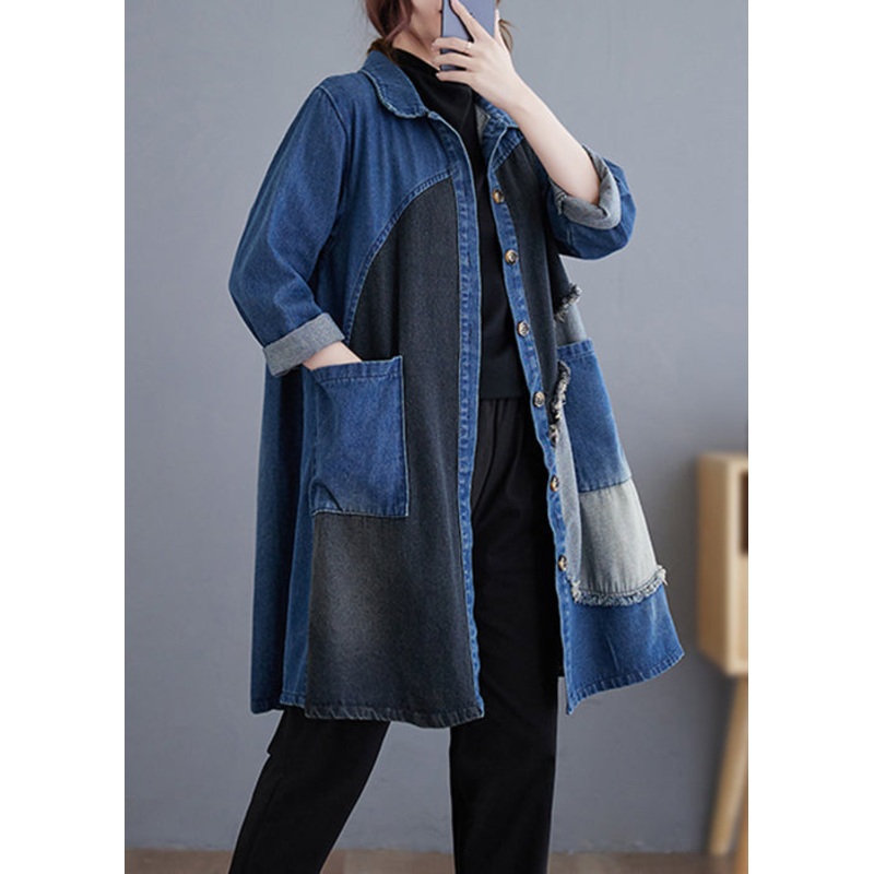 Vintage Blue Button Pockets Patchwork Denim Trench Coat Fall