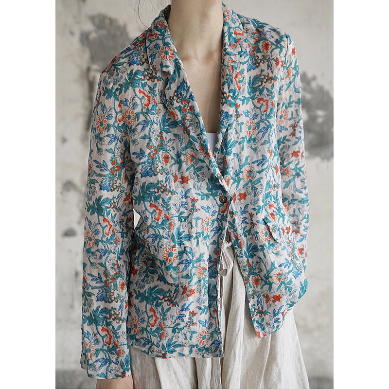 Vintage Blue Button Print Patchwork Cotton Coats Fall