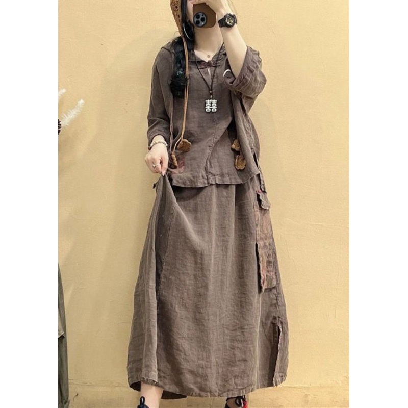 Vintage Coffee Hooded Patchwork Tops And Skirts Cotton Two Pieces Set Summer