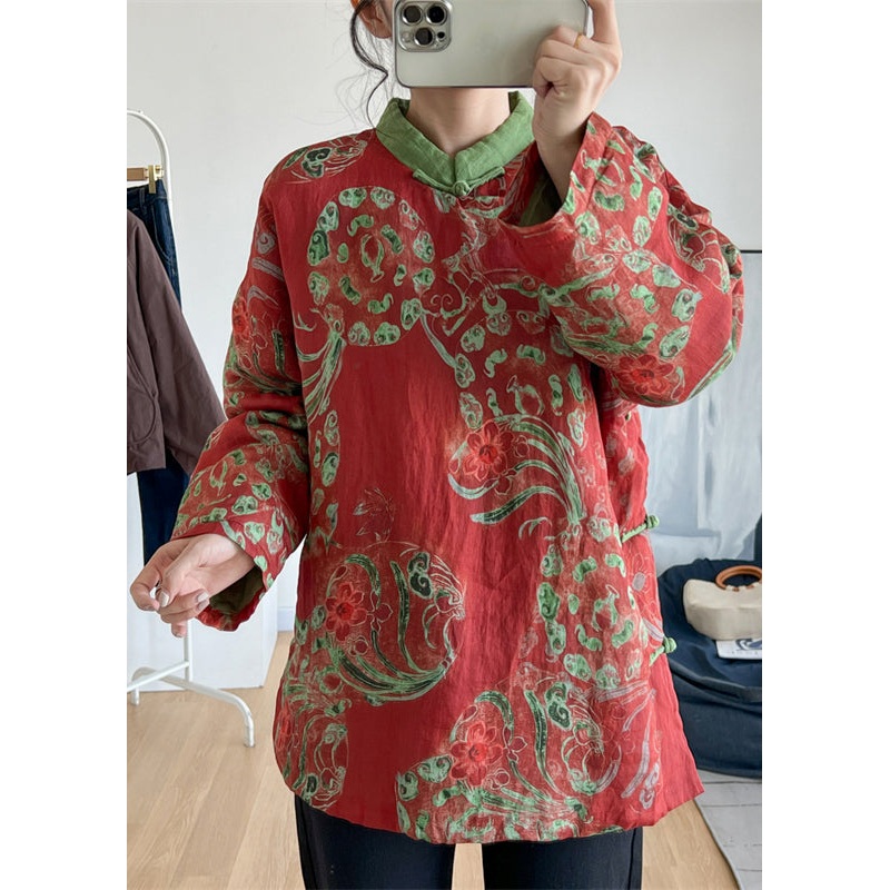 Vintage Red Stand Collar Print Oriental Button Fine Cotton Filled Top Winter