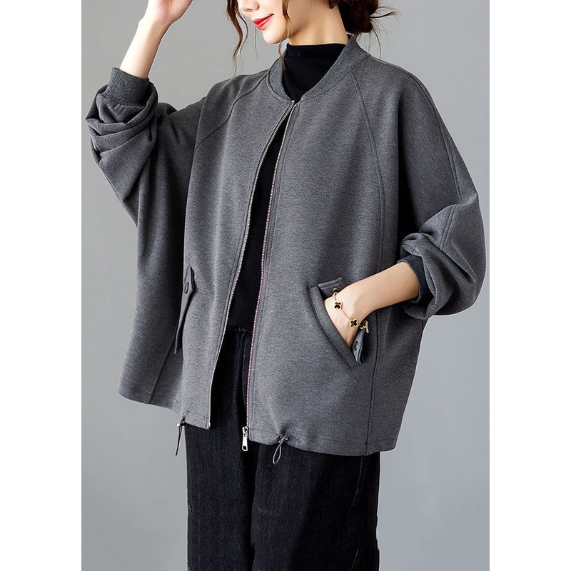 Vogue Grey O-Neck Patchwork Drawstring Coat Long Sleeve
