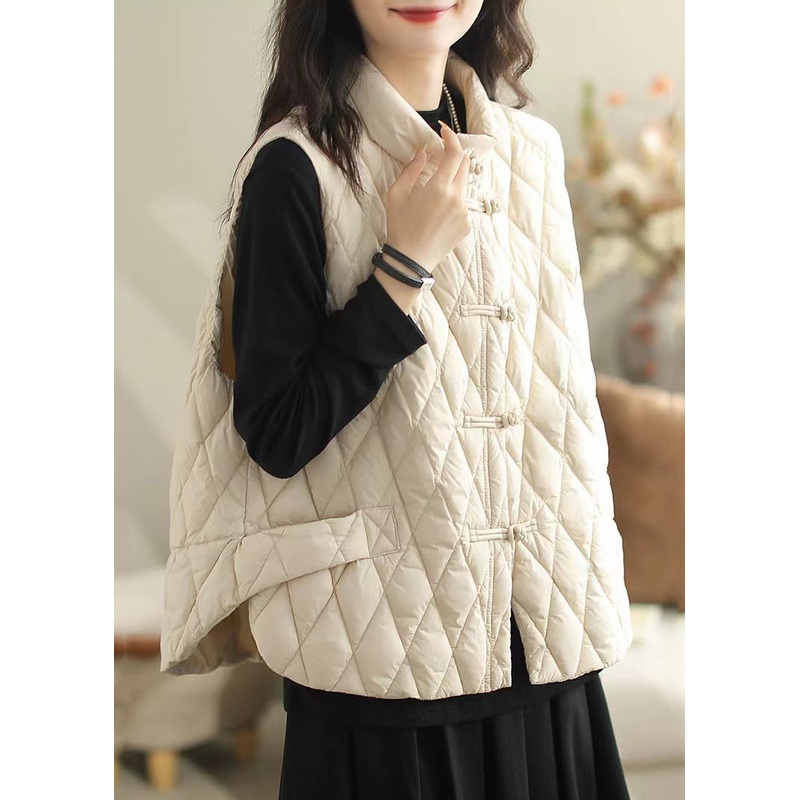 White Pockets Patchwork Cotton Filled Waistcoat Stand Collar Winter