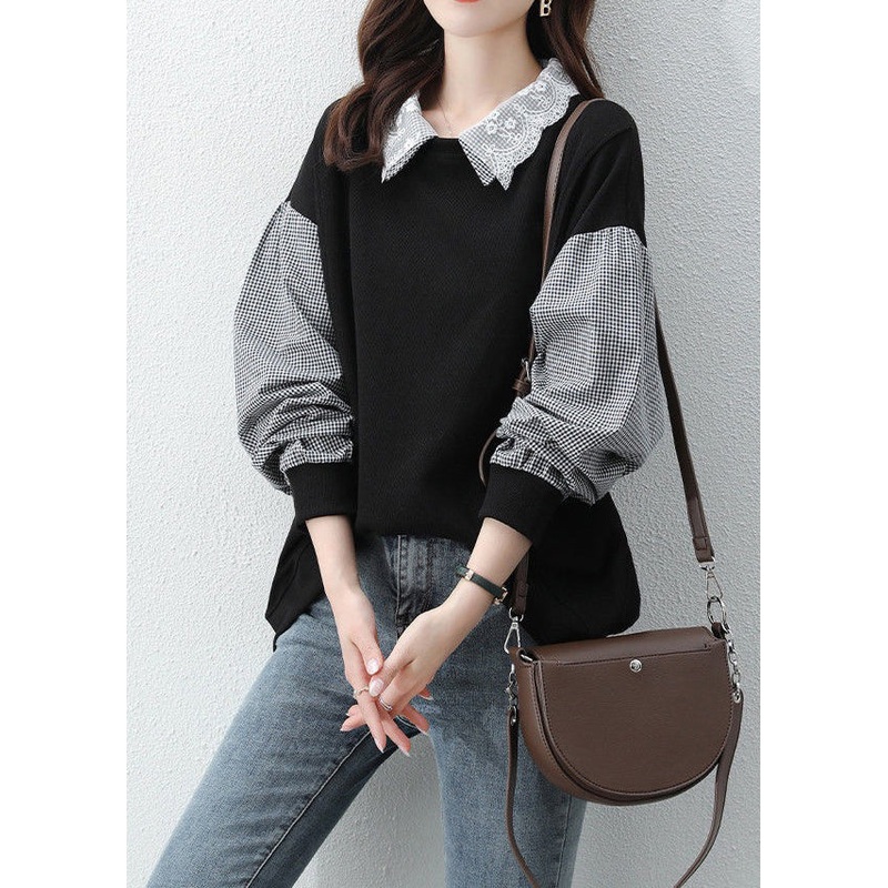 Women Black Peter Pan Collar Patchwork False Two Pieces Cotton Sweatshirt Fall
